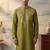 Mens green silk blend solid emboidered straight kurta