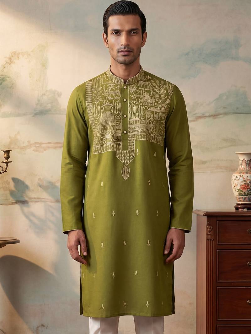 Mens green silk blend solid emboidered straight kurta
