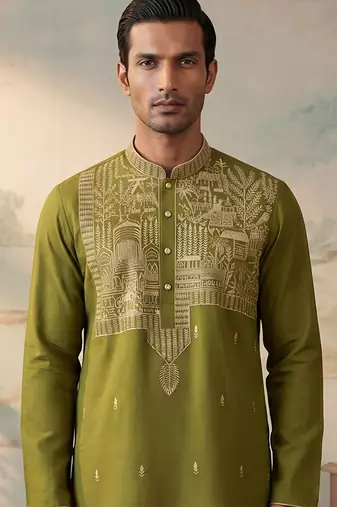 Mens green silk blend solid emboidered straight kurta