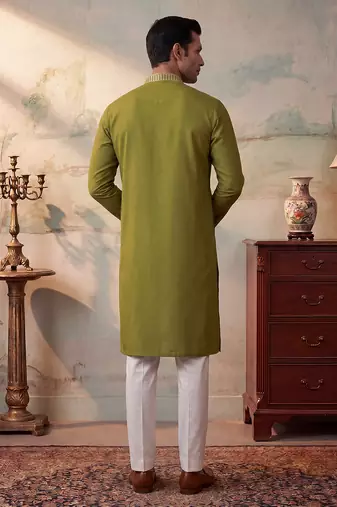 Mens green silk blend solid emboidered straight kurta