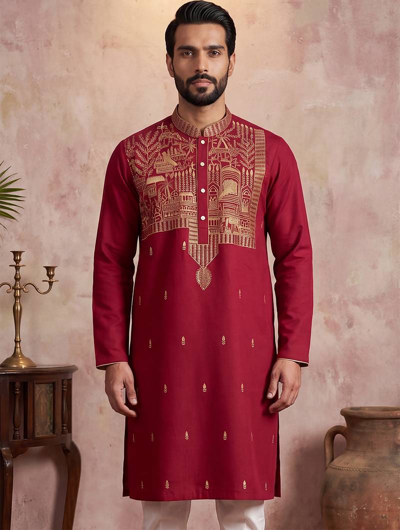 Mens red silk blend solid emboidered straight kurta