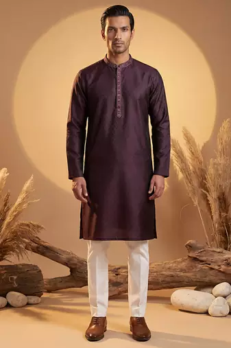 Mens purple silk blend woven design straight kurta with trouser