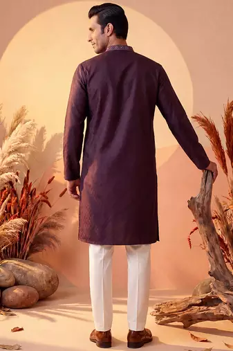 Mens purple silk blend woven design straight kurta with trouser