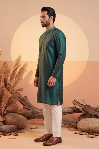 Mens green silk blend woven design straight kurta with trouser