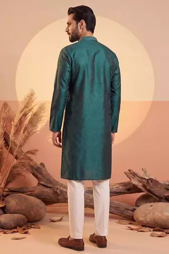 Mens green silk blend woven design straight kurta with trouser