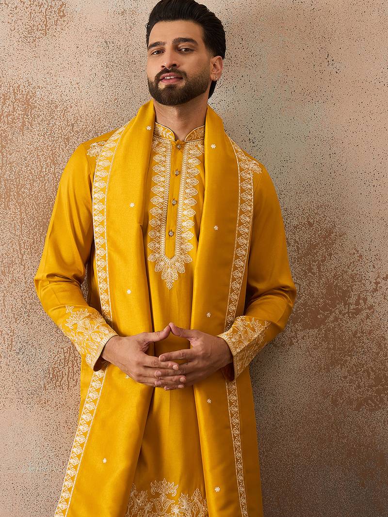 Mens yellow silk blend solid embroidered kurta & trouser with dupatta