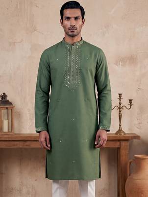 Mens green silk blend solid emboidered sequins kurta with trouser 1