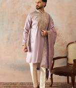 Men lavender zari embroidered silk blend kurta with dupatta