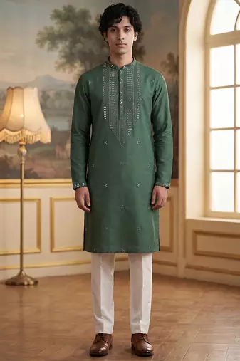 Mens green silk blend solid emboidered sequins kurta with trouser