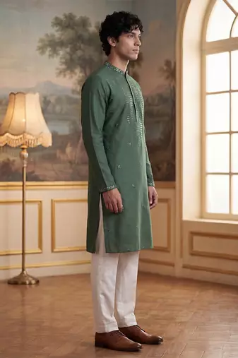 Mens green silk blend solid emboidered sequins kurta with trouser