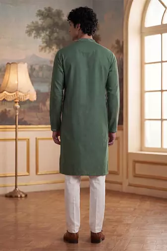 Mens green silk blend solid emboidered sequins kurta with trouser