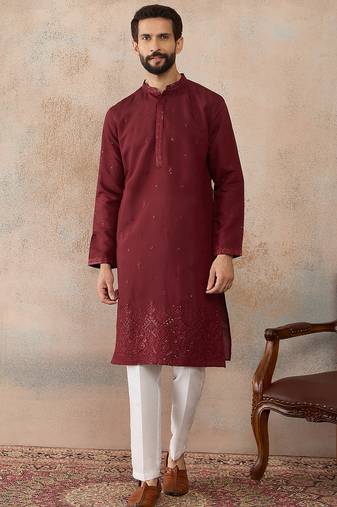 Mens maroon silk blend solid emboidered straight kurta with trouser