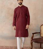 Mens maroon silk blend solid emboidered straight kurta with trouser
