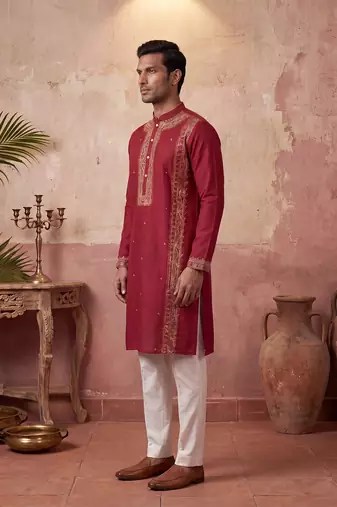 Mens red silk blend solid emboidered straight kurta with trouser