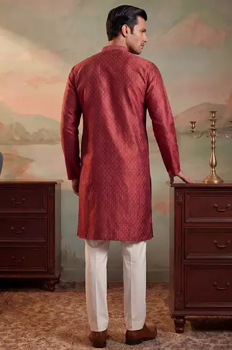 Mens maroon jacquard woven design straight kurta with trouser