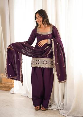 Purple glass roman silk embroidered kurta set with farshi shalwar & dupatta 2