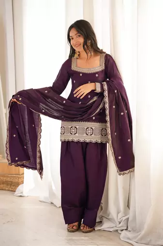 Purple glass roman silk embroidered kurta set with farshi shalwar & dupatta