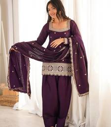 Purple glass roman silk embroidered kurta set with farshi shalwar & dupatta