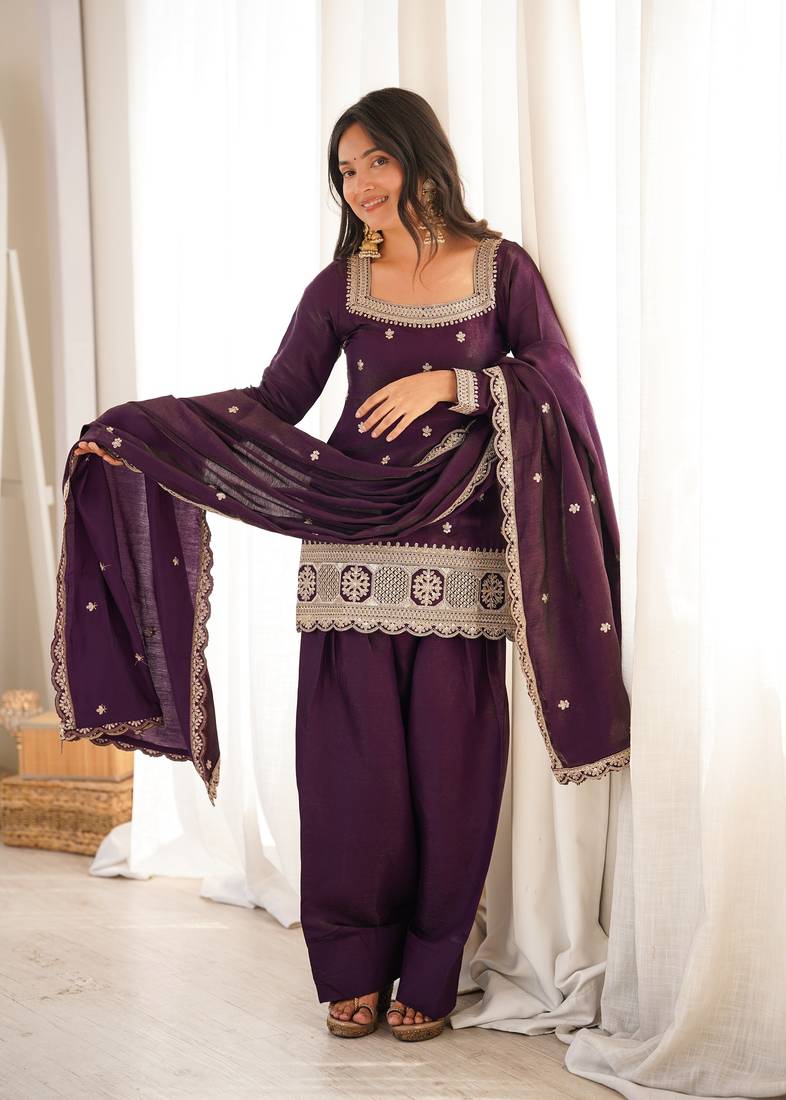 Purple glass roman silk embroidered kurta set with farshi shalwar & dupatta