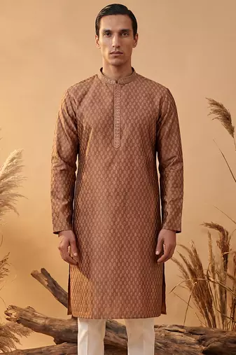 Mens brown jacquard woven design straight kurta with trouser