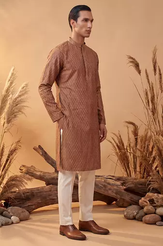 Mens brown jacquard woven design straight kurta with trouser