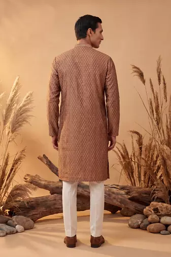 Mens brown jacquard woven design straight kurta with trouser