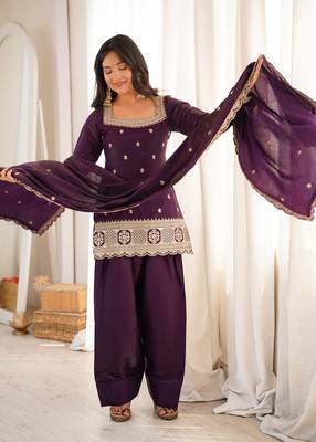Purple glass roman silk embroidered kurta set with farshi shalwar & dupatta 3