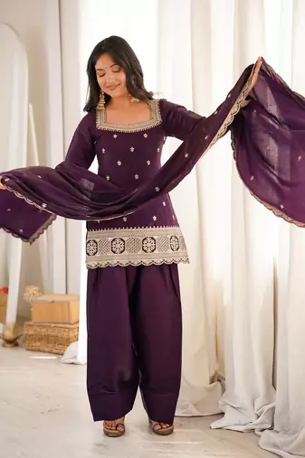 Purple glass roman silk embroidered kurta set with farshi shalwar & dupatta