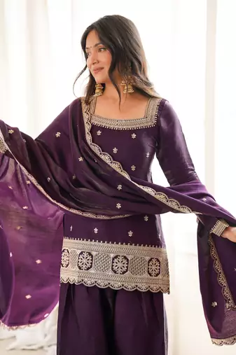 Purple glass roman silk embroidered kurta set with farshi shalwar & dupatta