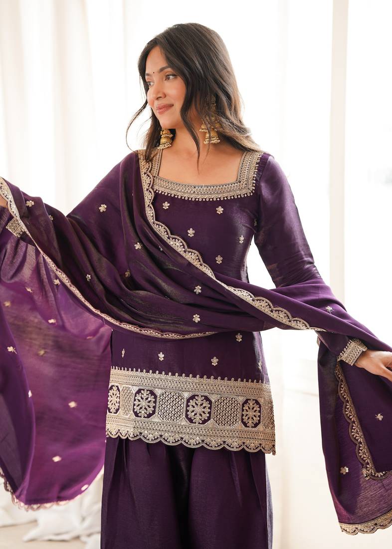 Purple glass roman silk embroidered kurta set with farshi shalwar & dupatta