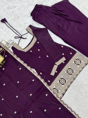 Purple glass roman silk embroidered kurta set with farshi shalwar & dupatta 5