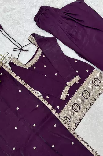 Purple glass roman silk embroidered kurta set with farshi shalwar & dupatta