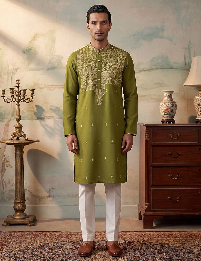Mens green silk blend solid emboidered straight kurta with trouser