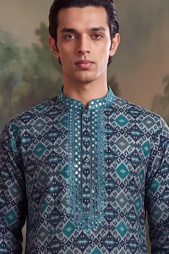 Mens sea green silk blend ethnic motifs ikat printed kurta with trouser
