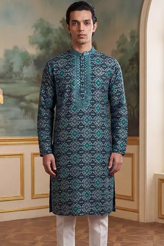 Mens sea green silk blend ethnic motifs ikat printed kurta with trouser