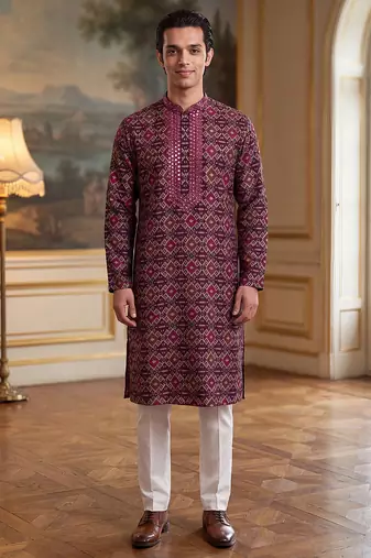 Mens purple silk blend ethnic motifs ikat printed kurta with trouser