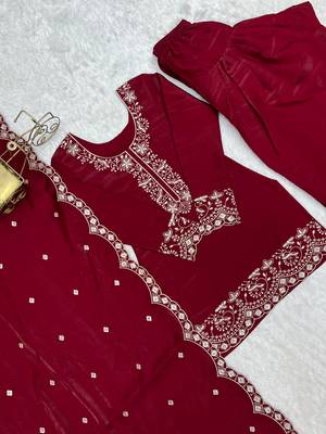 Wine glass roman silk embroidered kurta set with farshi shalwar & dupatta 2
