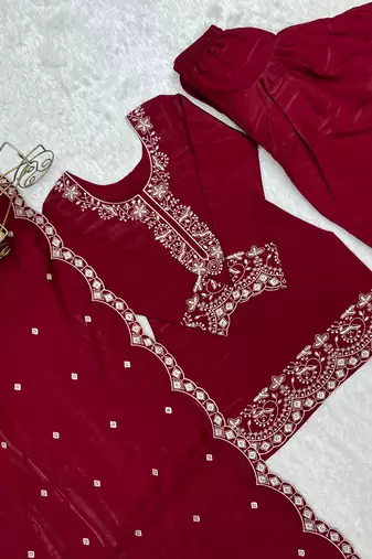 Wine glass roman silk embroidered kurta set with farshi shalwar & dupatta