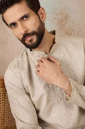 Mens peach linen blend geometric woven design kurta with trouser