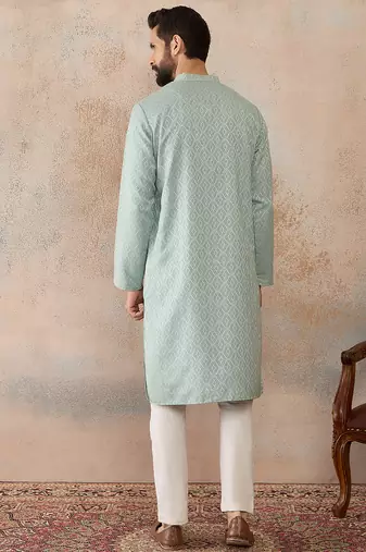 Mens green linen blend geometric woven design kurta with trouser