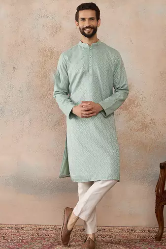 Mens green linen blend geometric woven design kurta with trouser
