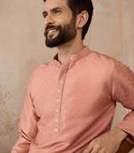Men peach silk blend embroidered mandarin collar straight kurta with trousers