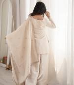 Cream glass roman silk embroidered kurta set with farshi shalwar & dupatta