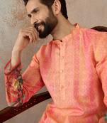 Men orange silk blend ethnic motifs printed straight kurta with trousers