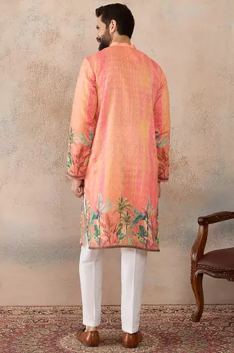 Men orange silk blend ethnic motifs printed straight kurta with trousers