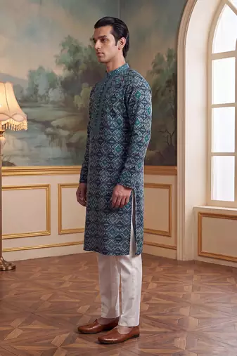 Mens sea green silk blend ethnic motifs ikat printed kurta