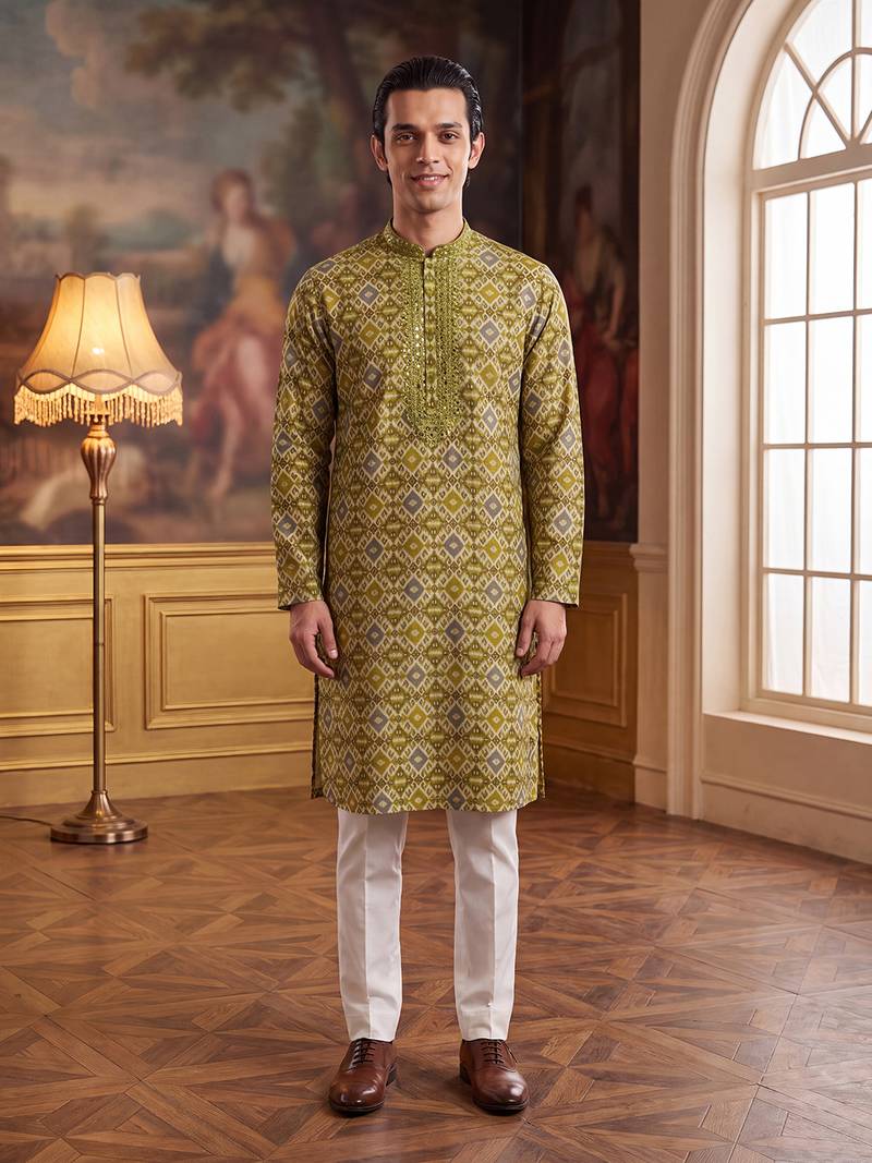 Mens green silk blend ethnic motifs ikat printed kurta