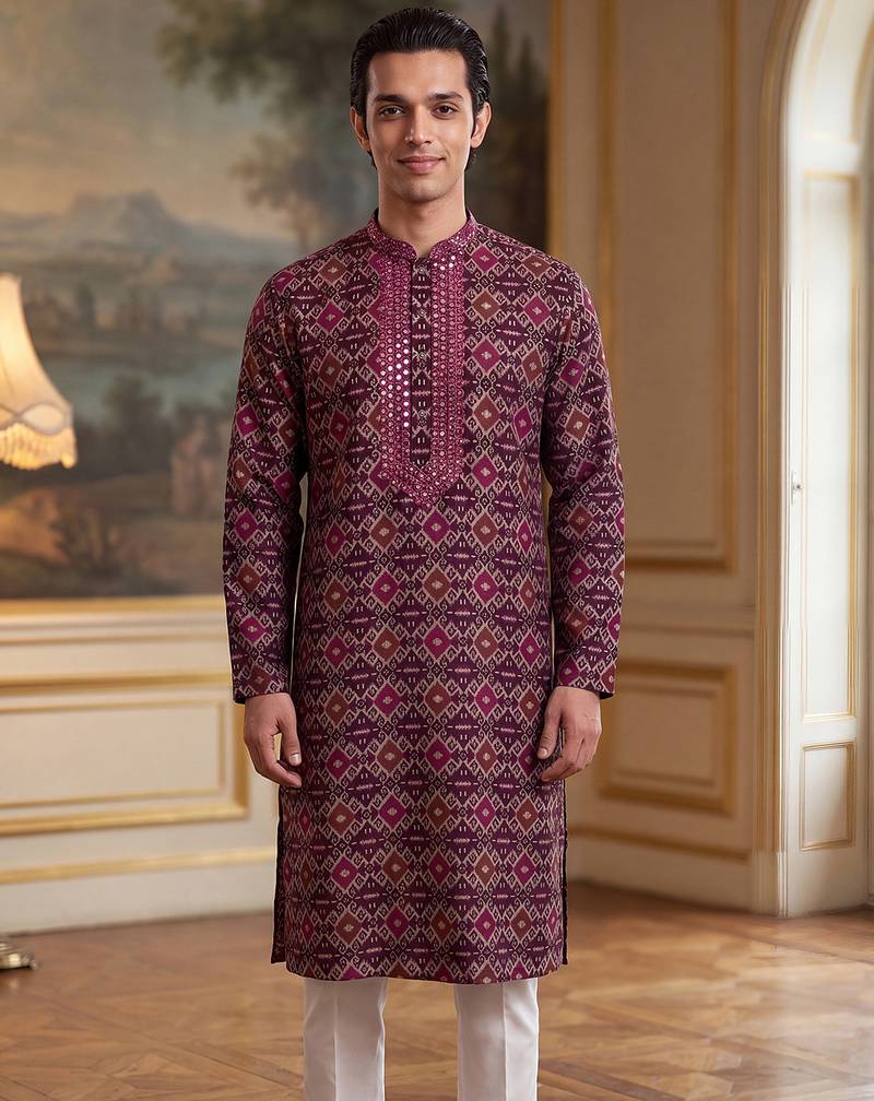 Mens purple silk blend ethnic motifs ikat printed kurta