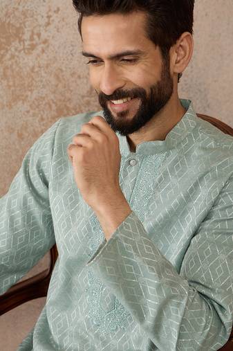 Mens green linen blend geometric woven design kurta