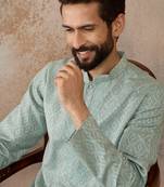 Mens green linen blend geometric woven design kurta